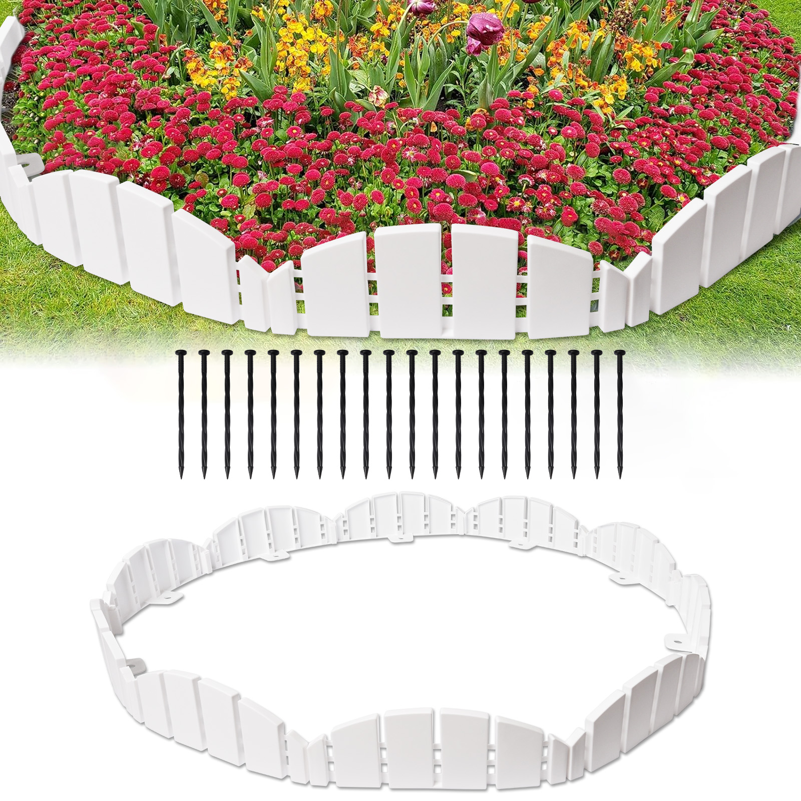 FTCBXT Garden Edging Border,16 ft Plastic Edging for Landscaping,Landscape Edging Border with Nylon Anchoring Spikes for Lawns,Flower Beds,Patios,Yard (White, 20 pcs)